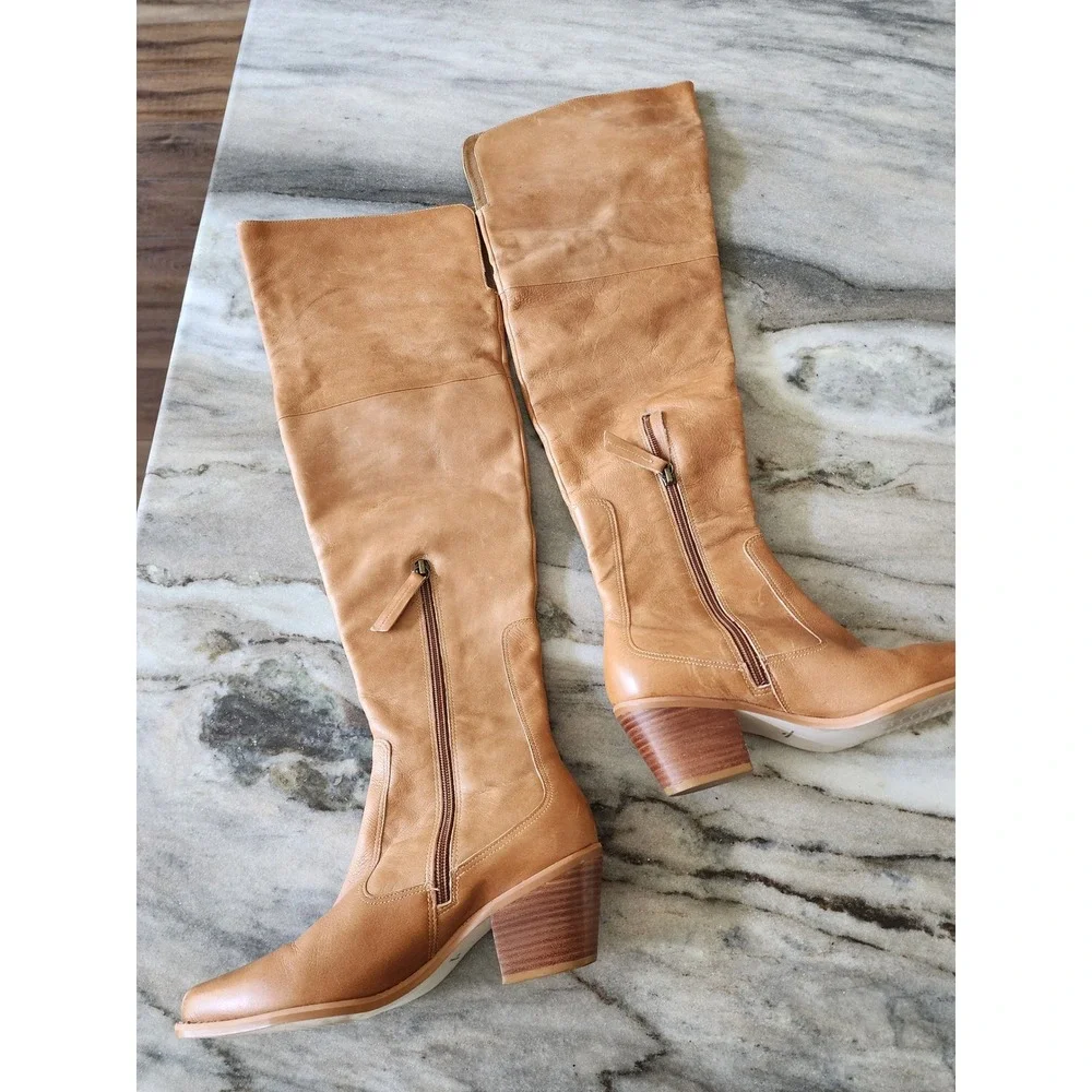 Matisse Tan Genuine Leather Over the Knee Block Heel Boots Womens 8M